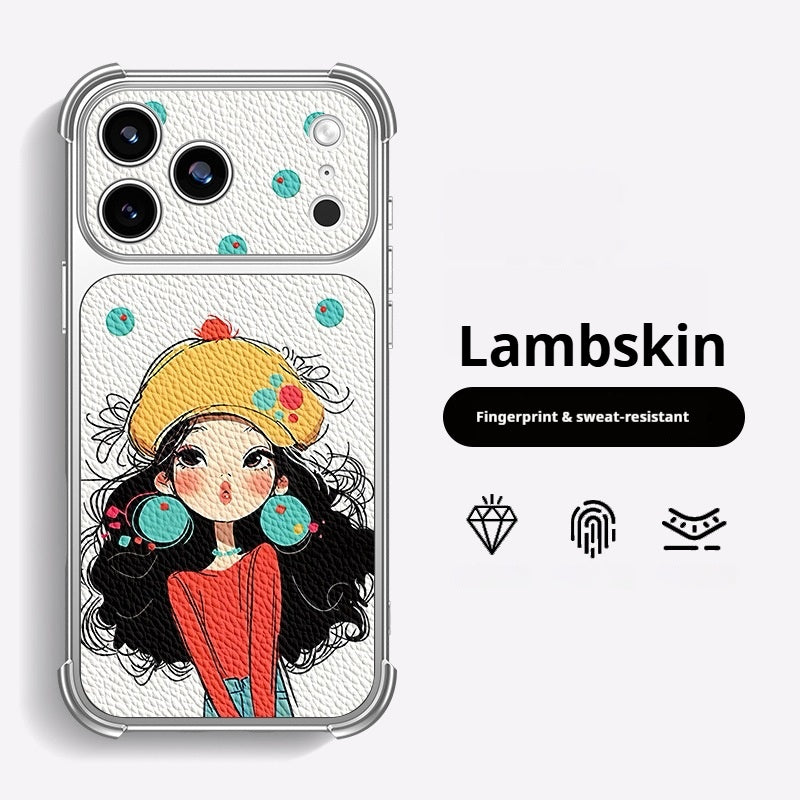 Cute cartoon yellow hat girl lambskin apple phone case