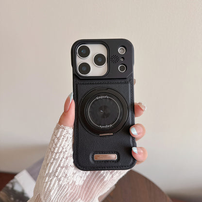 Frameless leather textured magnetic rotating stand Apple phone case