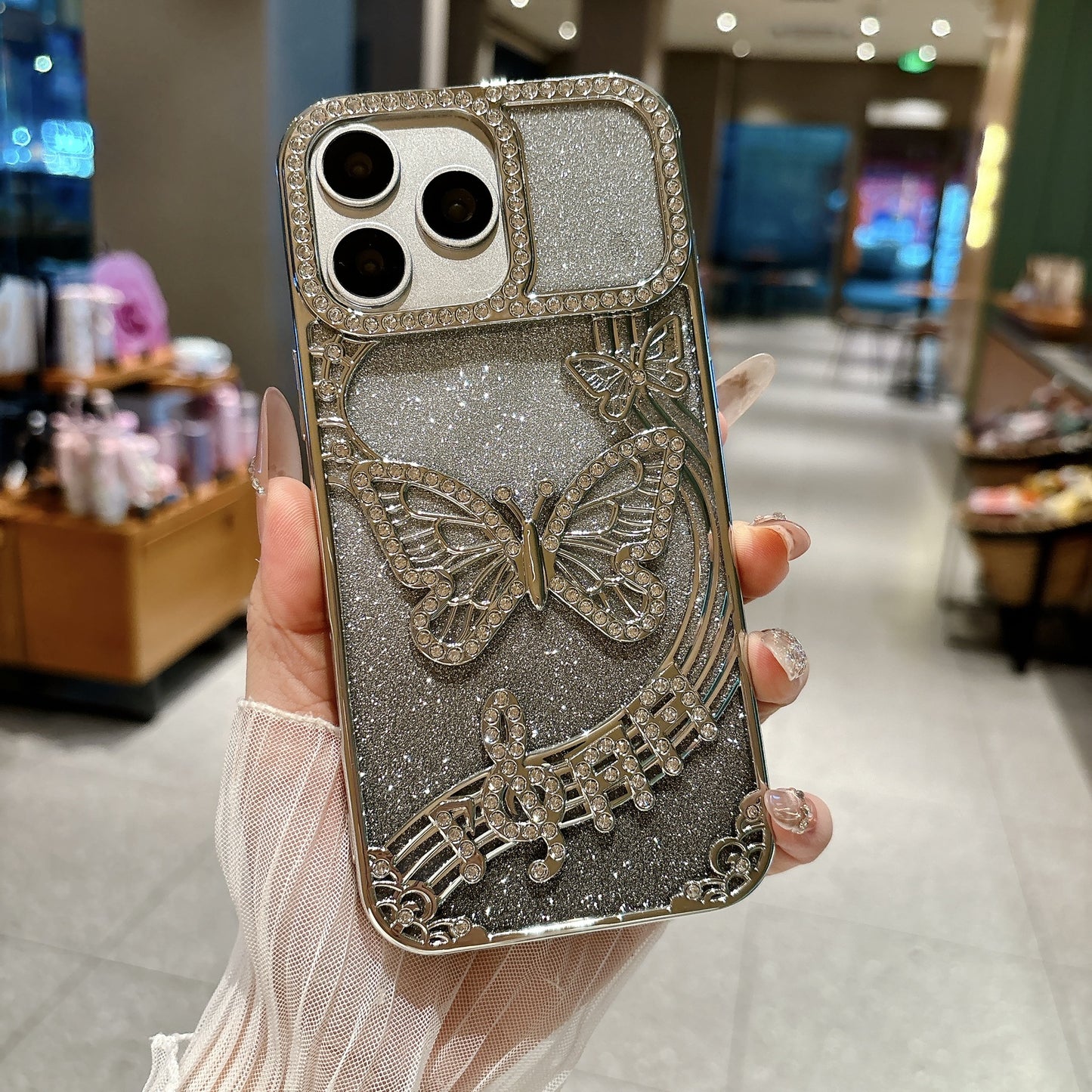 Electroplated gradient glitter rhinestone butterfly Apple phone case
