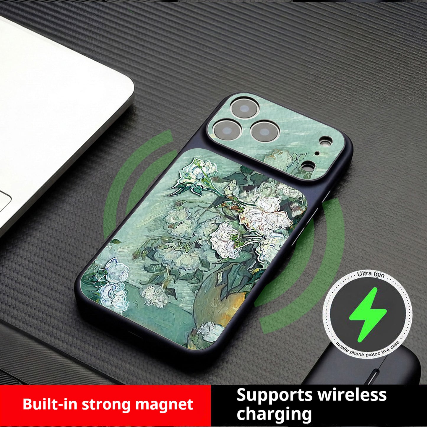 Oil painting white flower magnetic Apple phone case