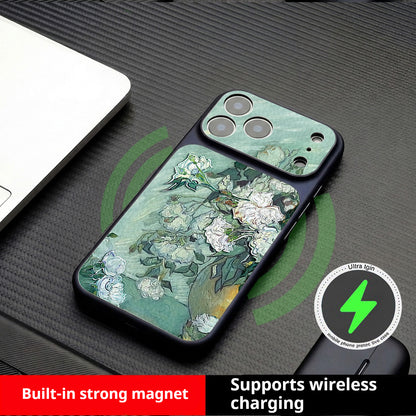 Oil painting white flower magnetic Apple phone case