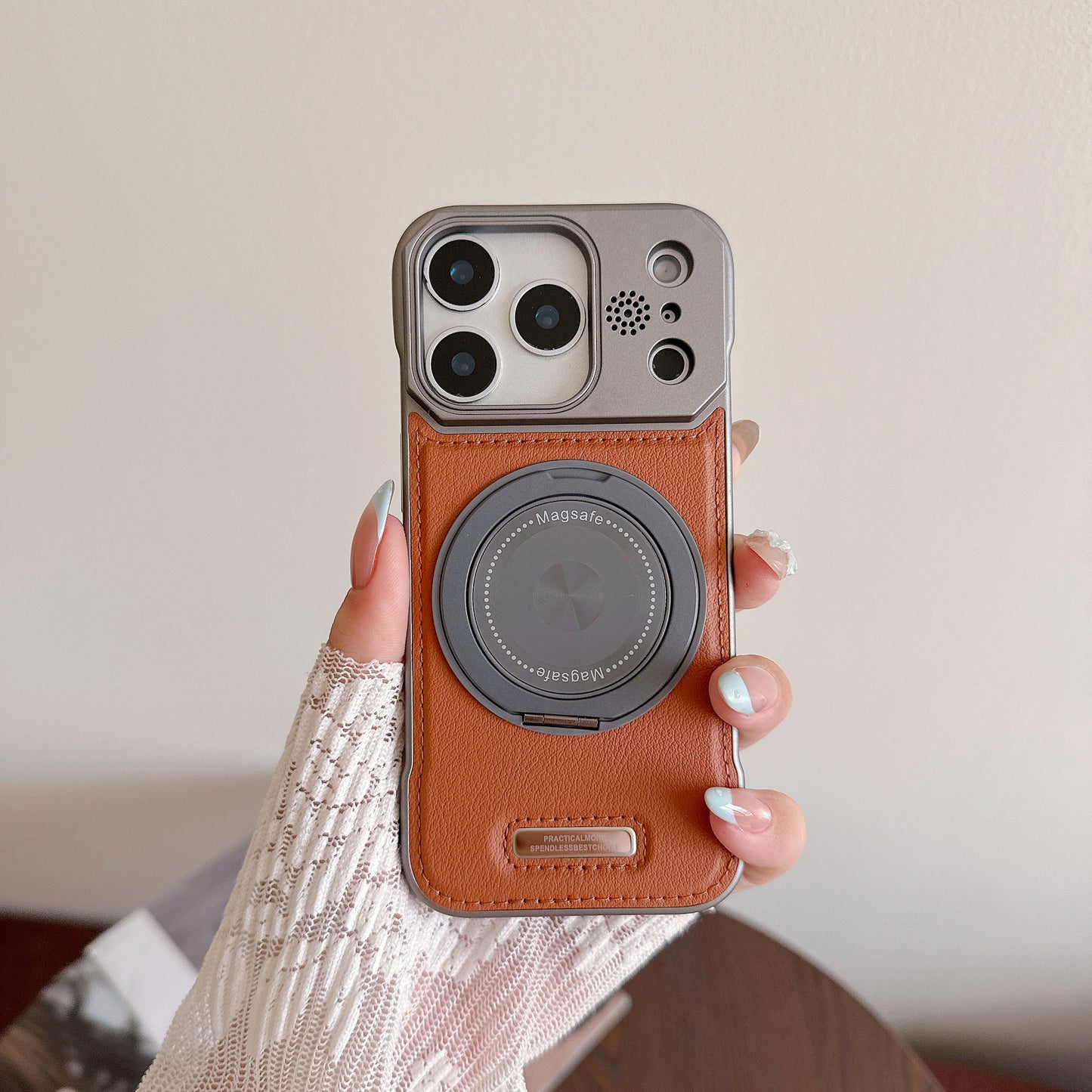 Frameless leather textured magnetic rotating stand Apple phone case