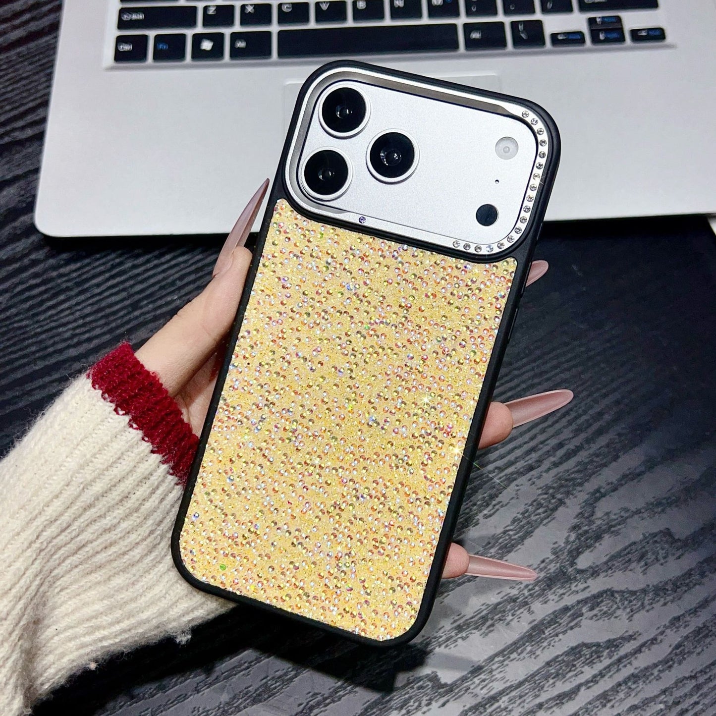 Metal, rhinestone, pearl leather, large window Apple phone case