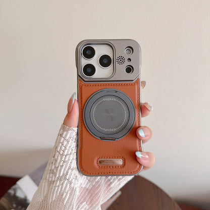 Frameless leather textured magnetic rotating stand Apple phone case