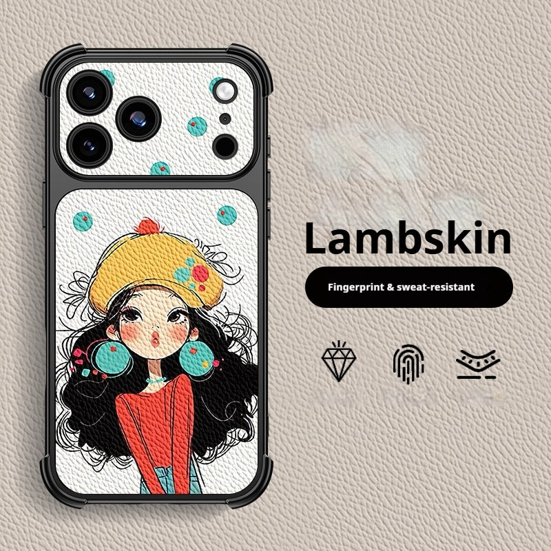 Cute cartoon yellow hat girl lambskin apple phone case