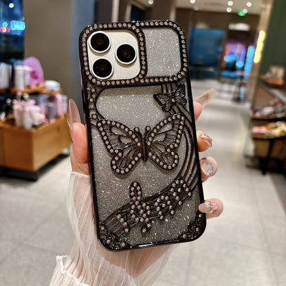 Electroplated gradient glitter rhinestone butterfly Apple phone case