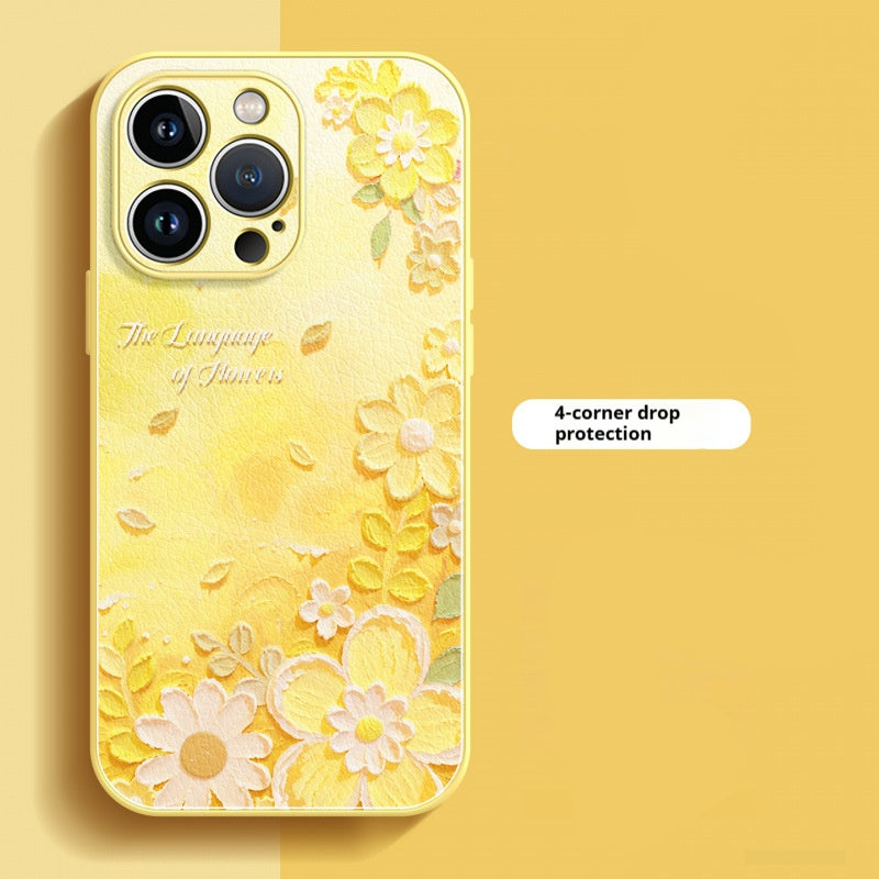 Lambskin oil painting flower Apple phone case