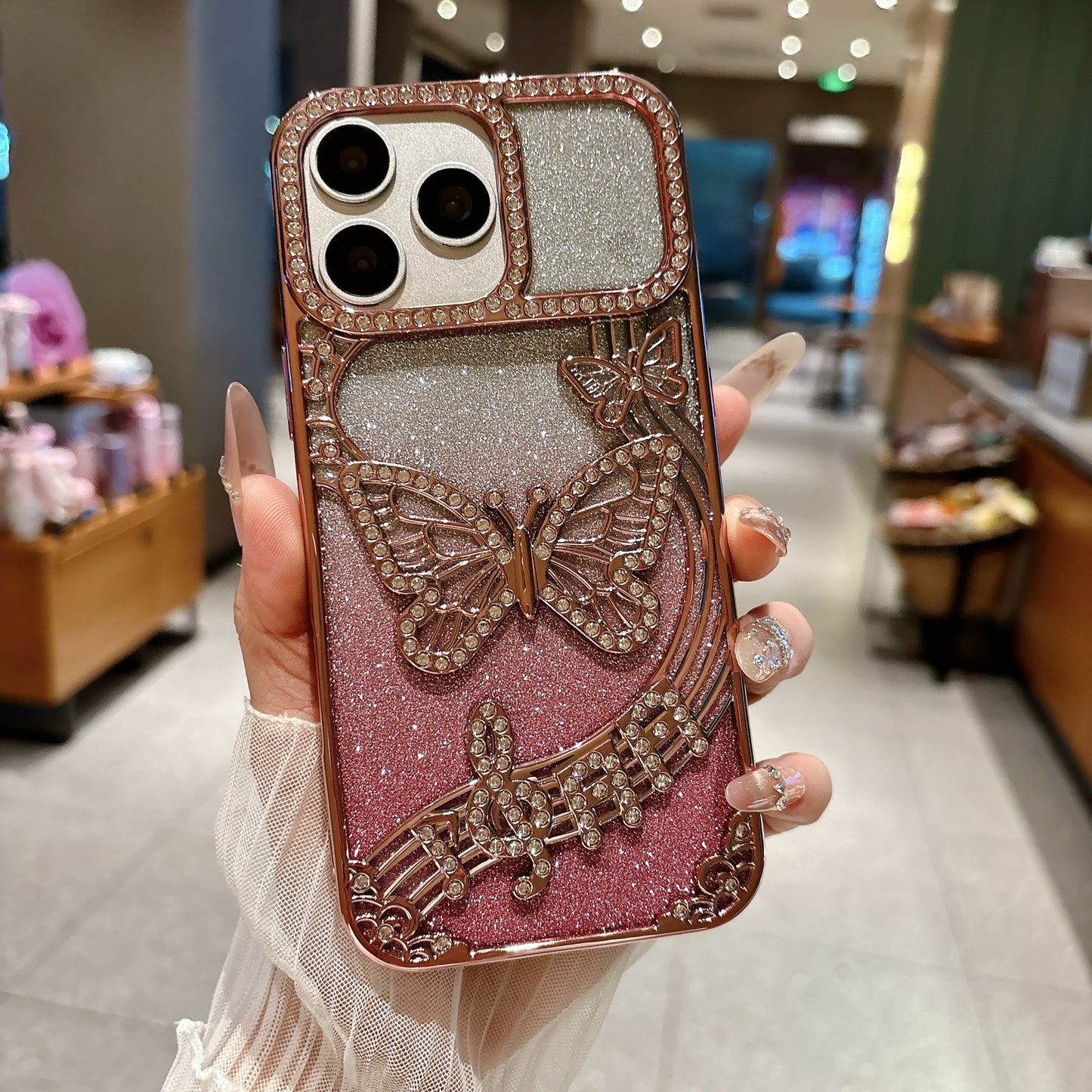 Electroplated gradient glitter rhinestone butterfly Apple phone case