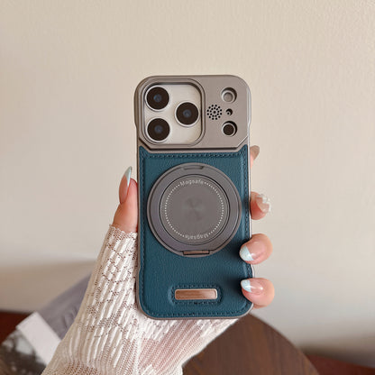 Frameless leather textured magnetic rotating stand Apple phone case
