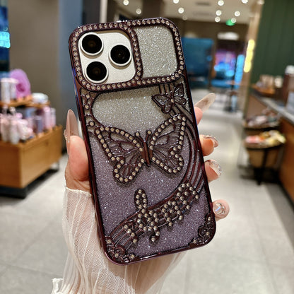 Electroplated gradient glitter rhinestone butterfly Apple phone case