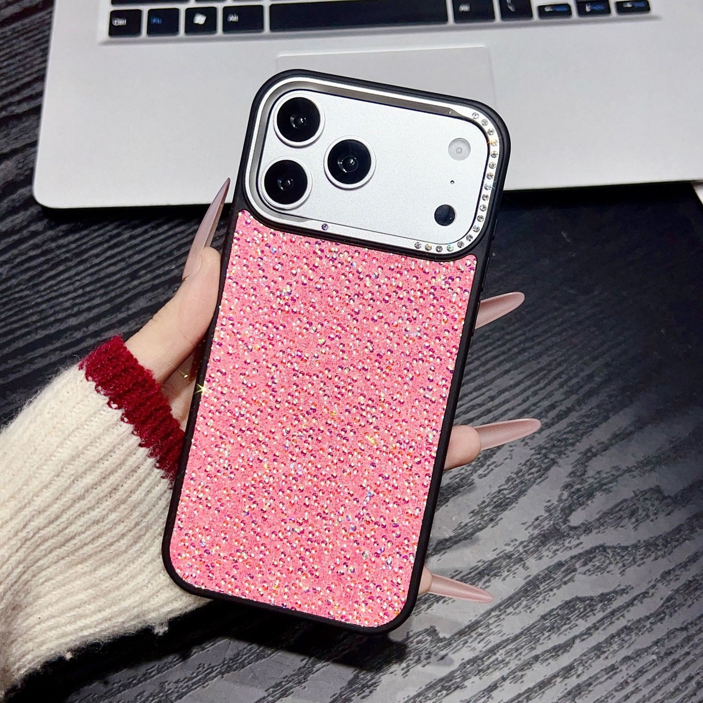 Metal, rhinestone, pearl leather, large window Apple phone case