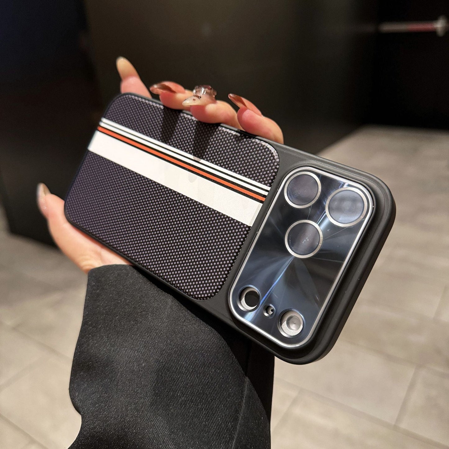 Textured Laser Lens Frame Apple Phone Case